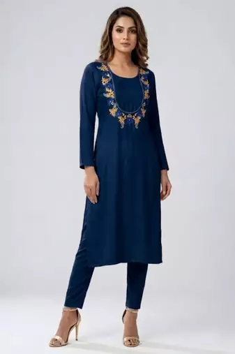 Blue embroidered rayon kurta set