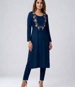 Blue embroidered rayon kurta set