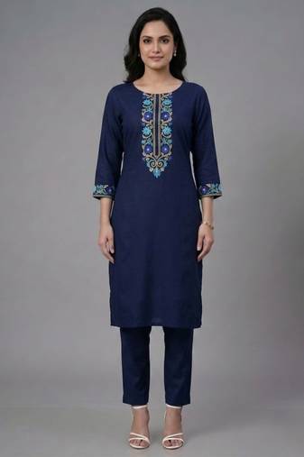 Blue embroidered rayon kurta set