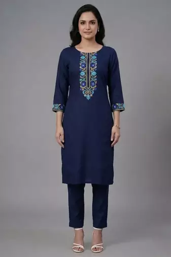 Blue embroidered rayon kurta set