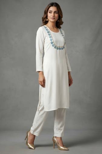 White embroidered rayon kurta set