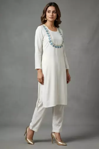 White embroidered rayon kurta set