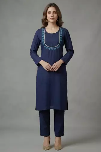 Blue embroidered rayon kurta set