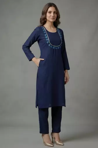 Blue embroidered rayon kurta set