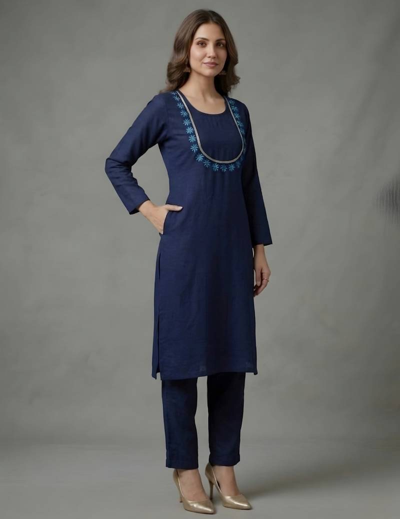 Blue embroidered rayon kurta set