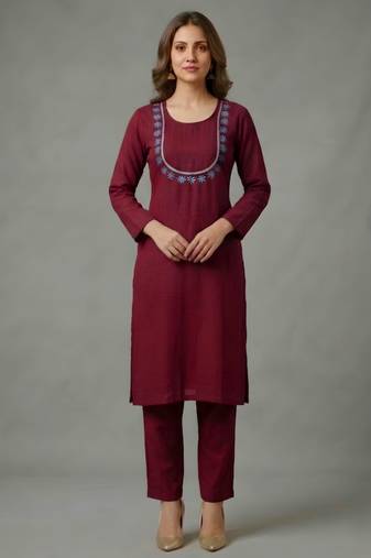 Maroon embroidered rayon kurta set