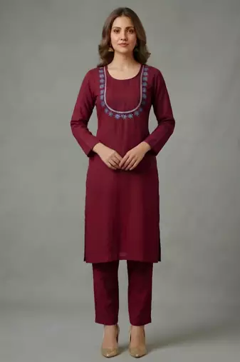 Maroon embroidered rayon kurta set