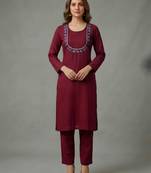 Maroon embroidered rayon kurta set