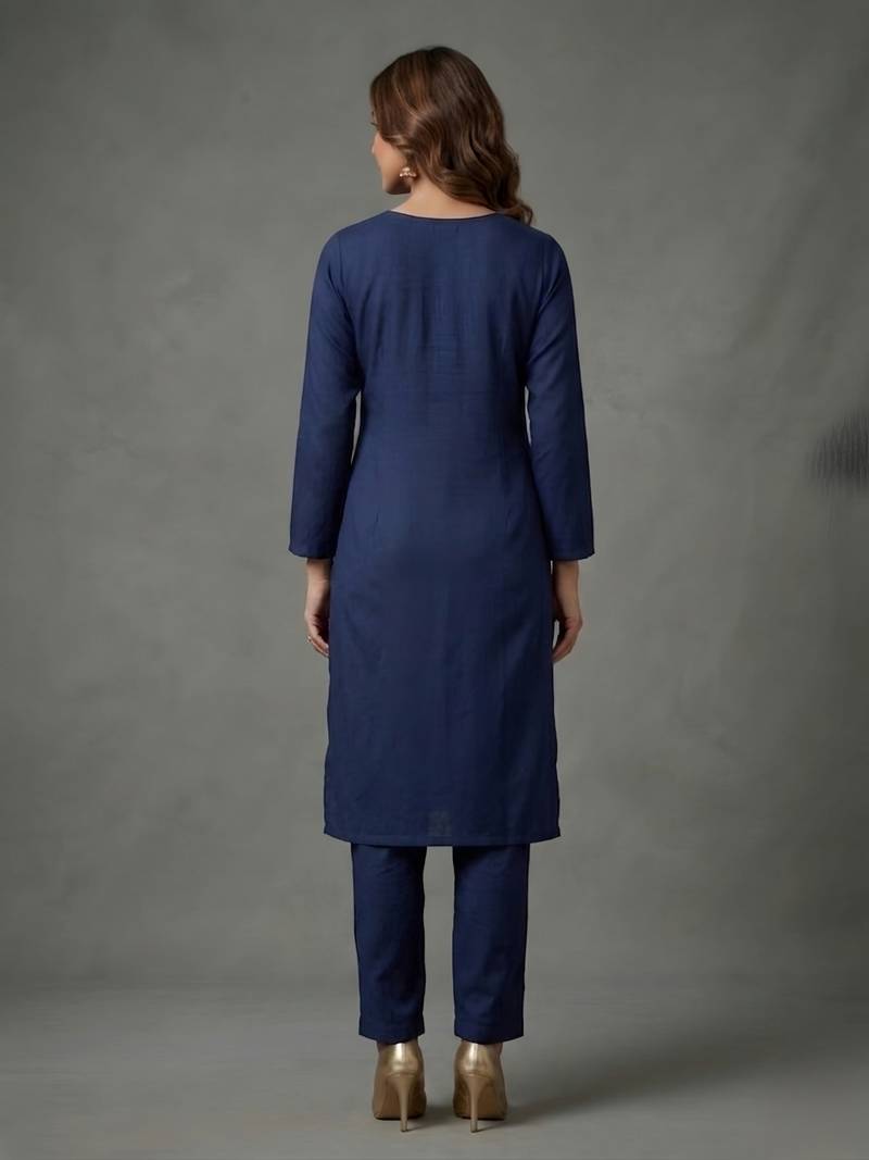 Blue embroidered rayon kurta set