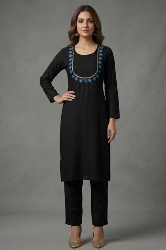 Black embroidered rayon kurta set