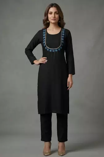 Black embroidered rayon kurta set