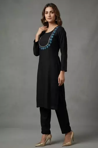 Black embroidered rayon kurta set