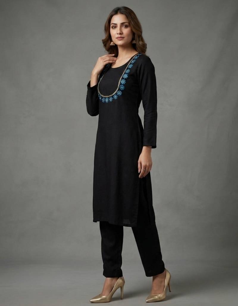 Black embroidered rayon kurta set