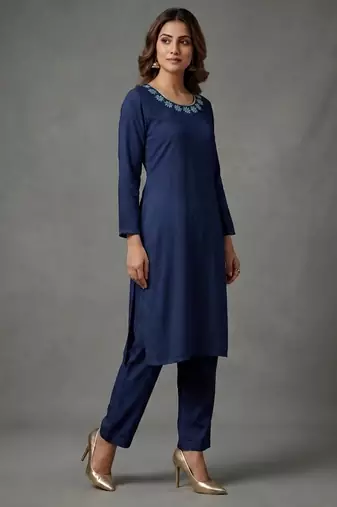 Blue embroidered rayon kurta set