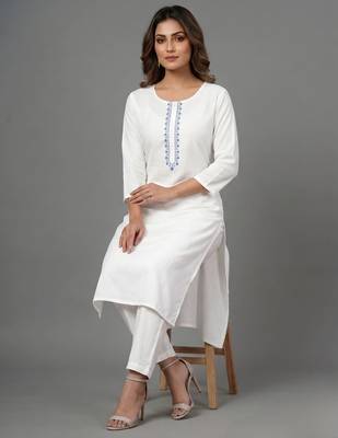 White embroidered rayon kurta set 1