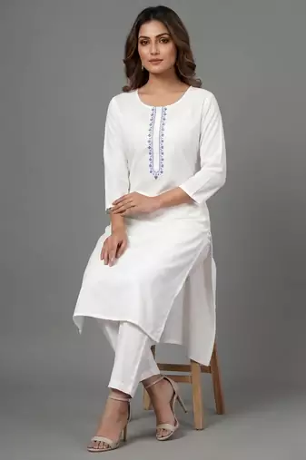 White embroidered rayon kurta set