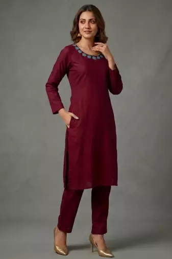 Maroon embroidered rayon kurta set