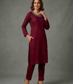 Maroon embroidered rayon kurta set