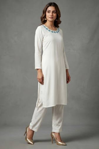 White embroidered rayon kurta set