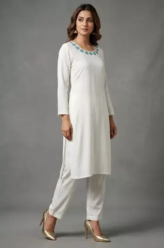 White embroidered rayon kurta set