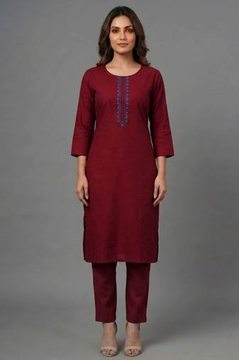 Maroon embroidered rayon kurta set