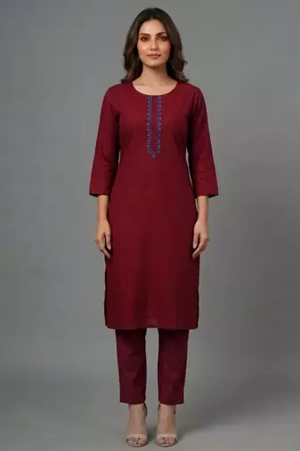 Maroon embroidered rayon kurta set