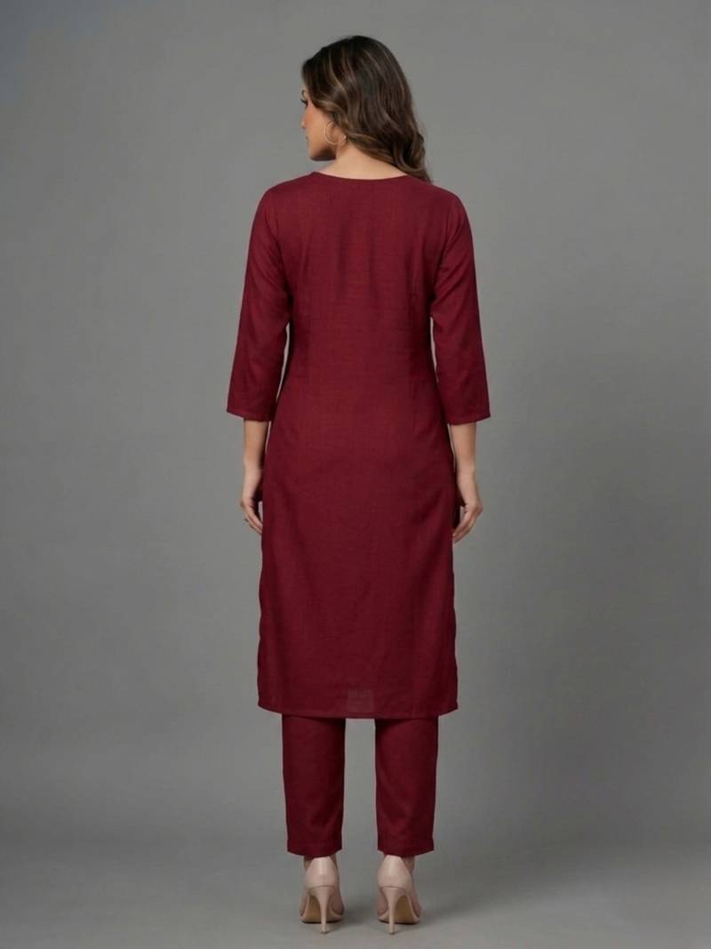 Maroon embroidered rayon kurta set