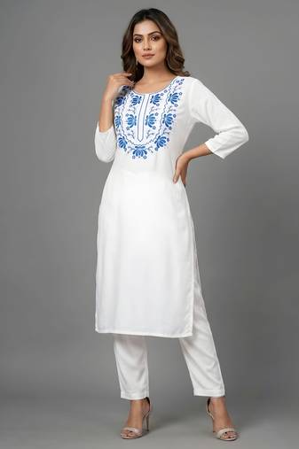 White embroidered rayon kurta set