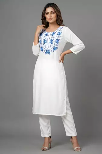 White embroidered rayon kurta set