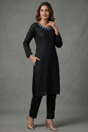 Black embroidered rayon kurta set