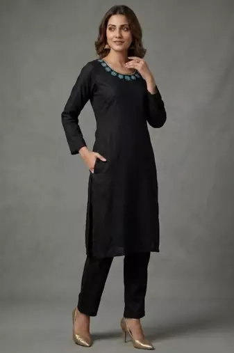 Black embroidered rayon kurta set