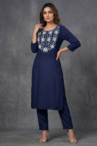 Blue embroidered rayon kurta set