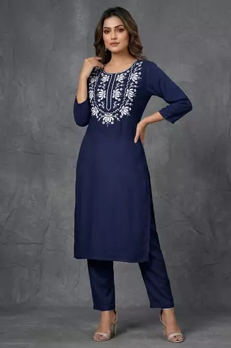 Blue embroidered rayon kurta set