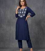 Blue embroidered rayon kurta set
