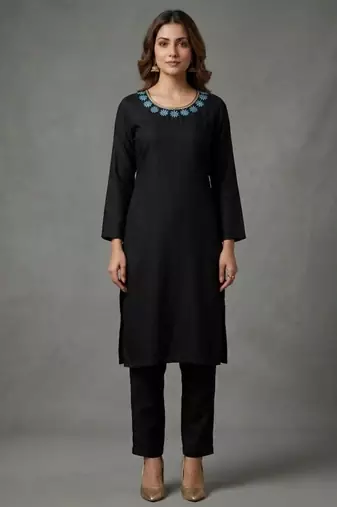 Black embroidered rayon kurta set