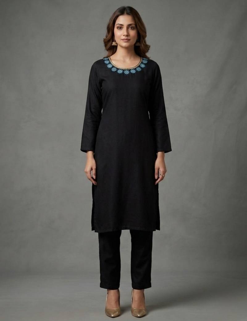 Black embroidered rayon kurta set