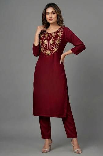 Maroon embroidered rayon kurta set