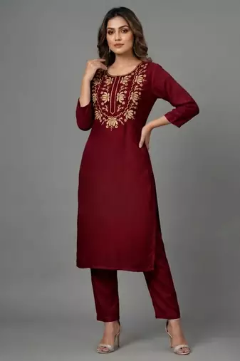 Maroon embroidered rayon kurta set