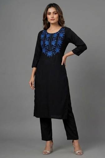 Black embroidered rayon kurta set