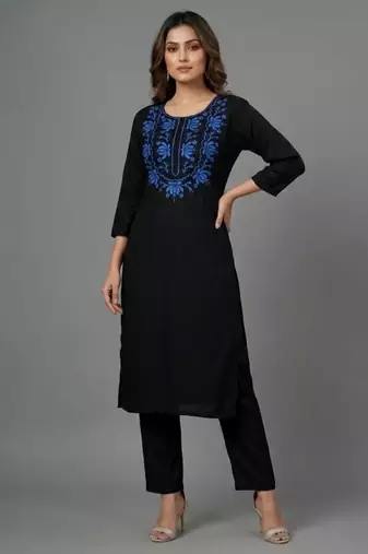Black embroidered rayon kurta set