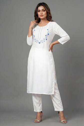 White embroidered rayon kurta set