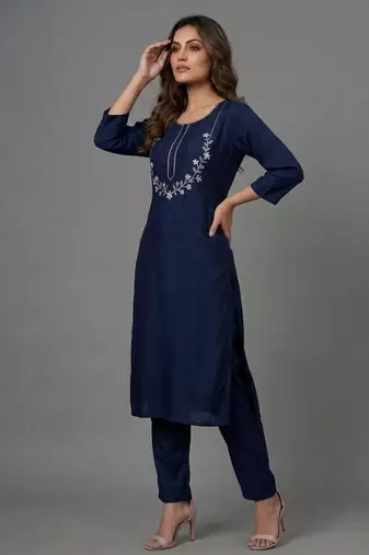 Blue embroidered rayon kurta set