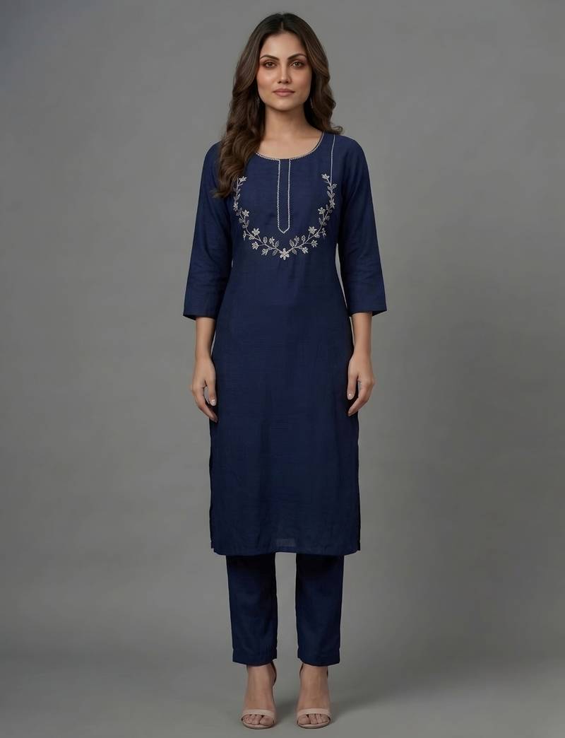Blue embroidered rayon kurta set