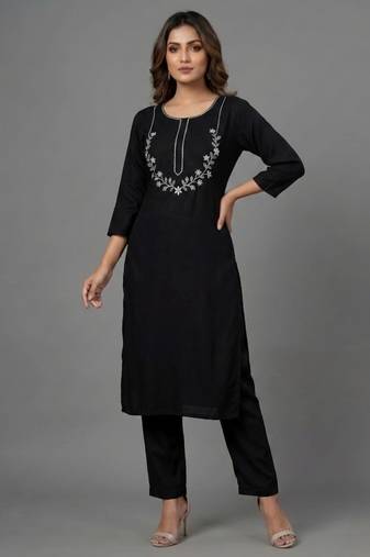 Black embroidered rayon kurta set