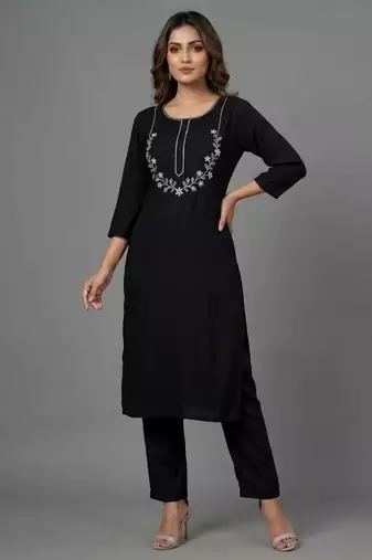 Black embroidered rayon kurta set