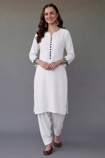 White embroidered rayon kurta set