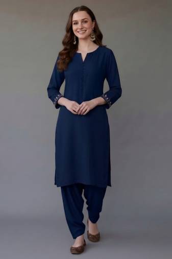Blue embroidered rayon kurta set