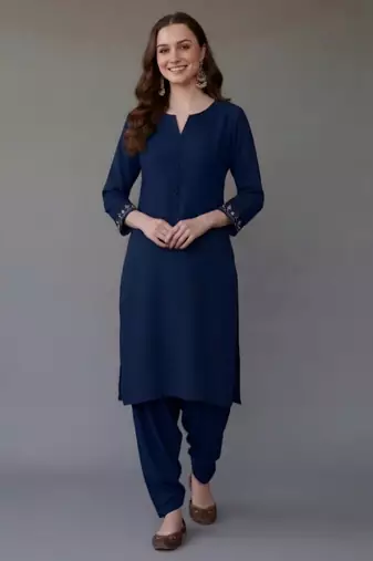 Blue embroidered rayon kurta set