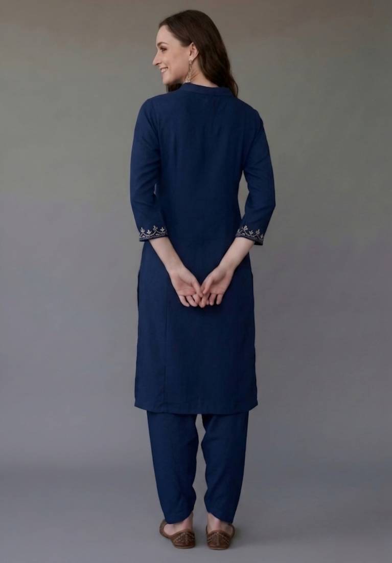 Blue embroidered rayon kurta set