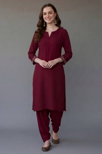 Maroon embroidered rayon kurta set